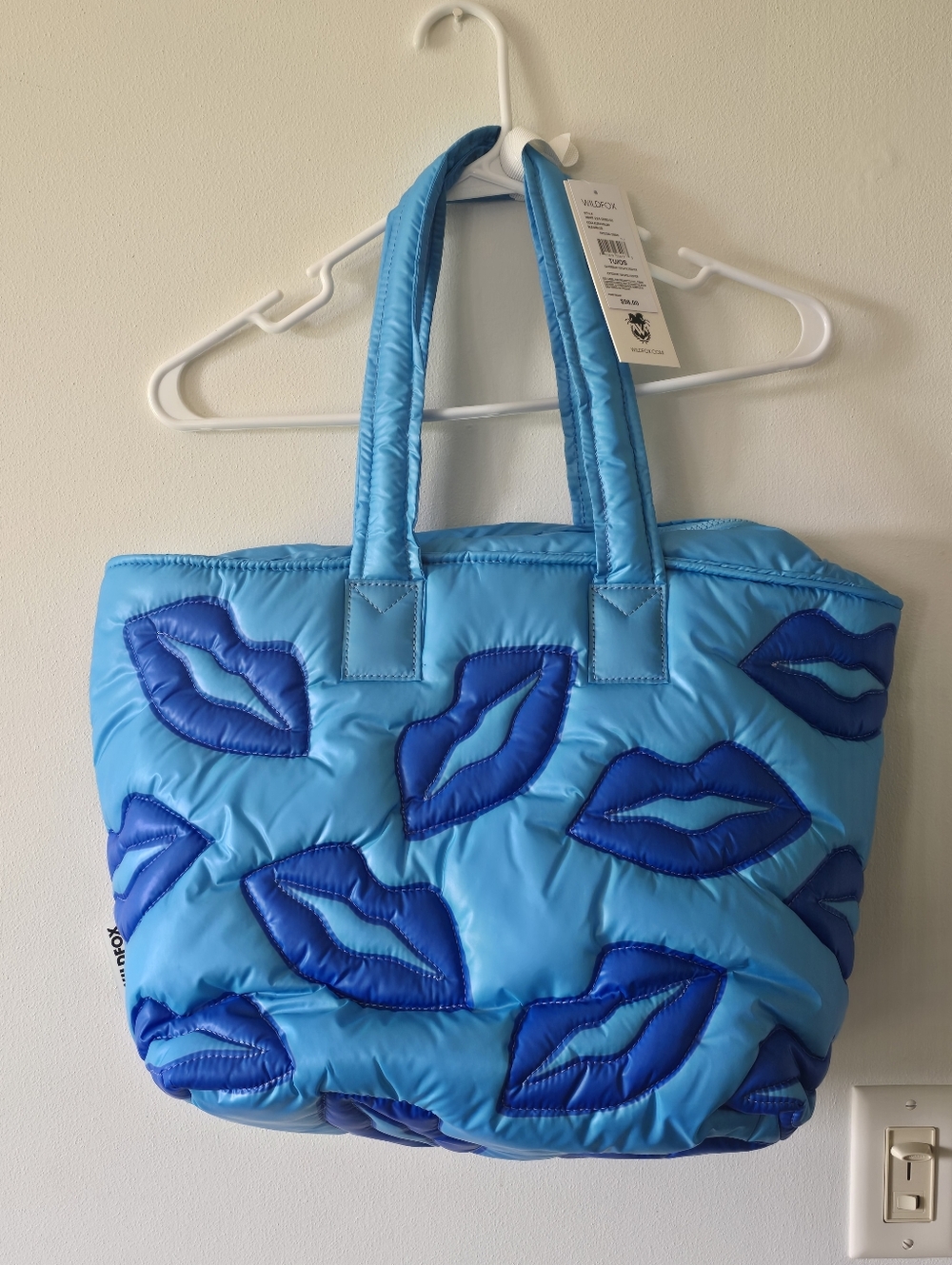 Bright Blue Quilted Tote with Lip Appliqué